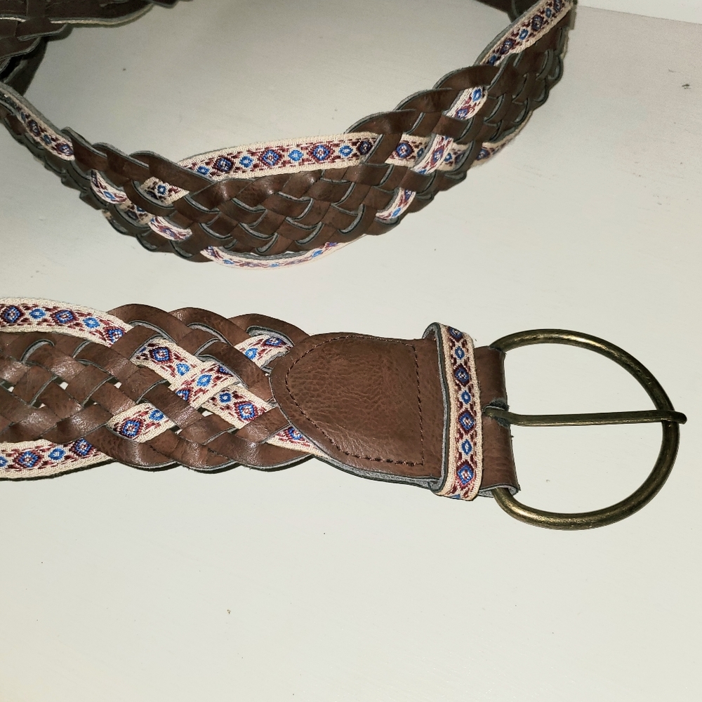 Vintage Brown Vegan Braided Belt Woven Faux Leather Embroidered Trim Hippie 2" W - Picture 6 of 9